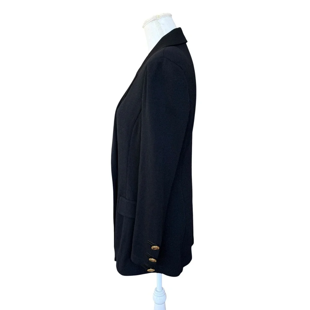 St. John Basics Black Santana Knit Double Breasted Gold Crest Button Blazer 6